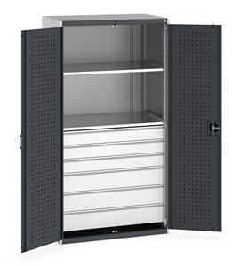 Bott Cubio kitted cupboards come with drawers and shelves, overall dimensions of 1050mm wide x 650mm deep x 2000mm high. The cupboards have reinforced lockable steel doors with zinc plated locking bars and cam providing secure 3 point locking. ... Bott1050mm Wide Industrial Tool Cupboards